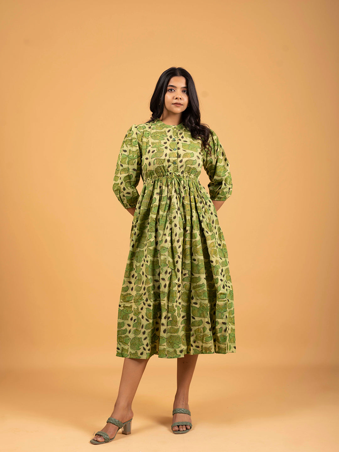 Green Printed Flared Cotton Dress