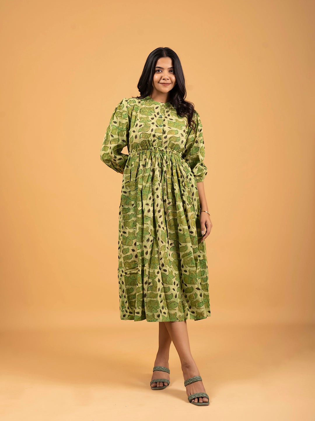 Green Printed Flared Cotton Dress