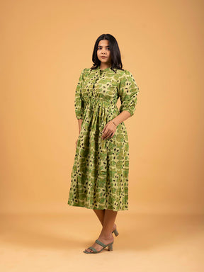 Green Printed Flared Cotton Dress