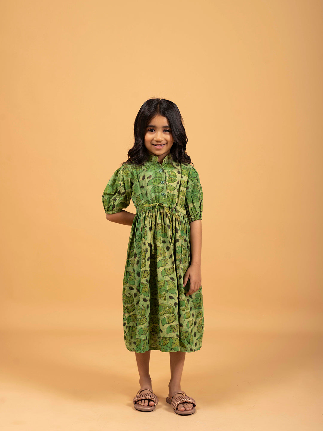 Kids Green Printed Flared Cotton Dress