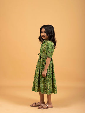 Kids Green Printed Flared Cotton Dress