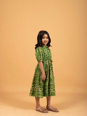 Kids Green Printed Flared Cotton Dress