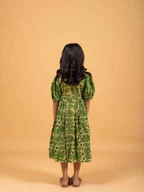 Kids Green Printed Flared Cotton Dress