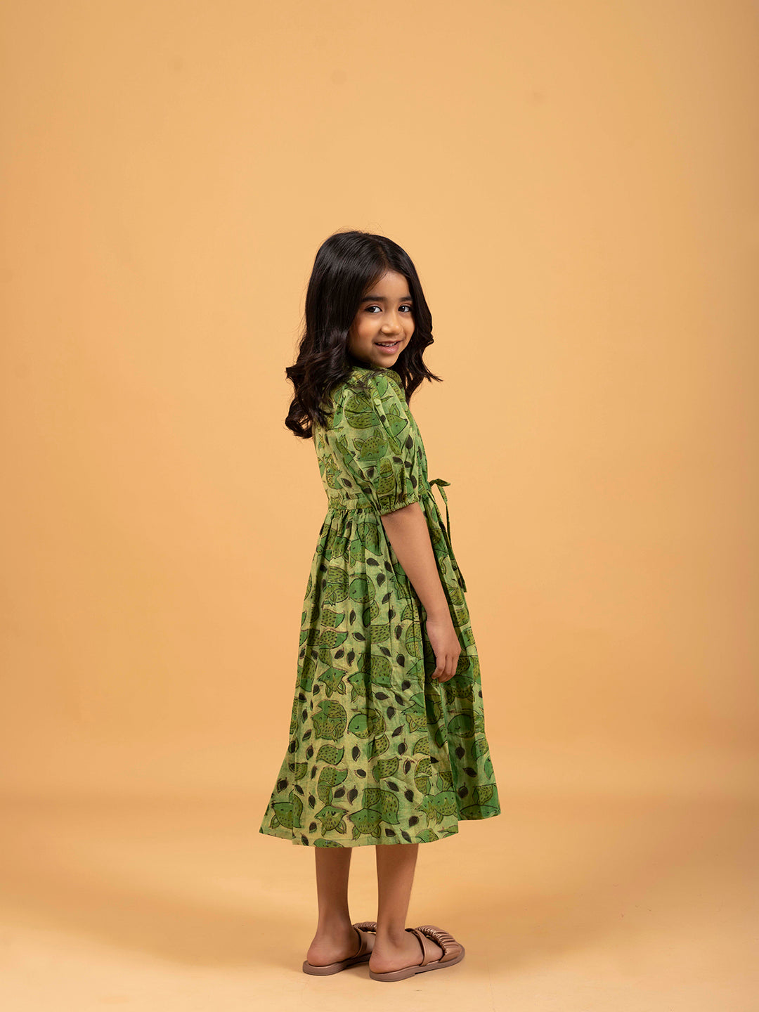 Kids Green Printed Flared Cotton Dress