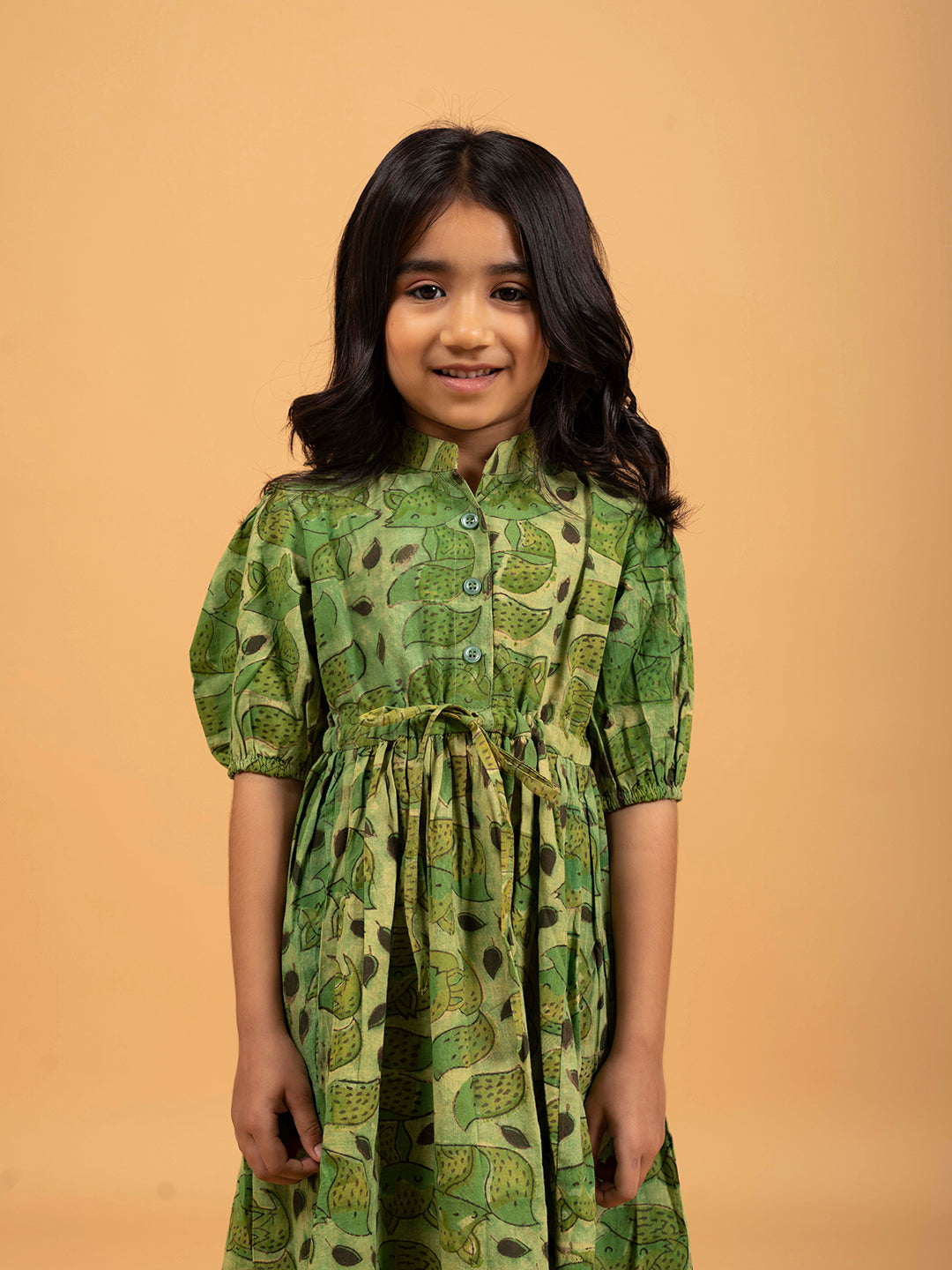 Kids Green Printed Flared Cotton Dress