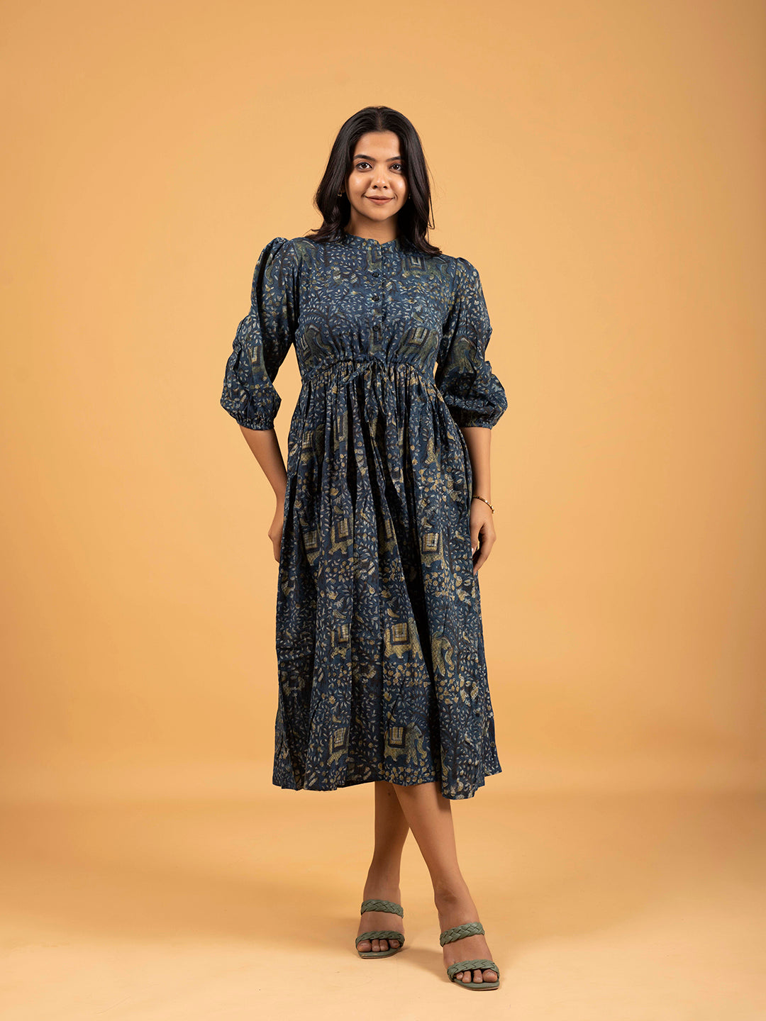 Dark Blue Printed Flared Cotton Dress