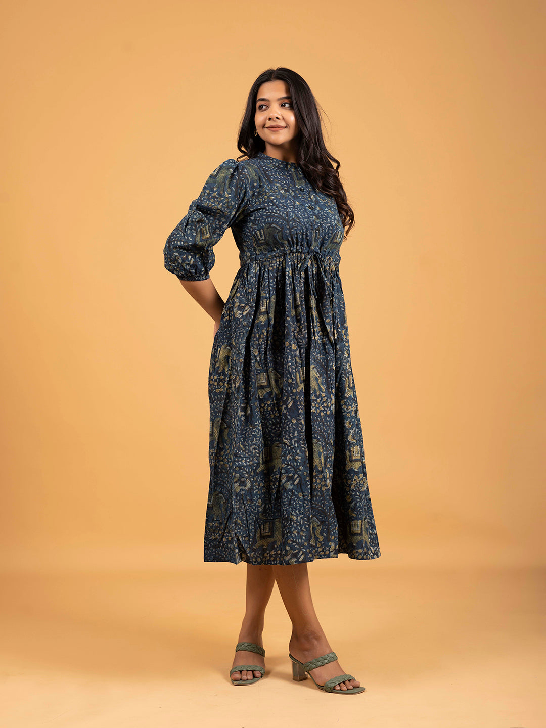 Dark Blue Printed Flared Cotton Dress