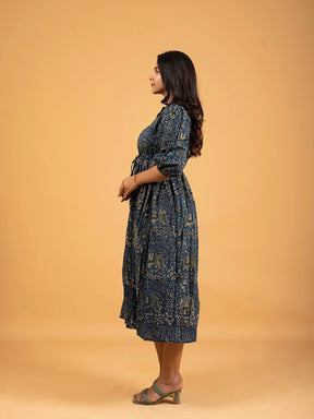 Dark Blue Printed Flared Cotton Dress