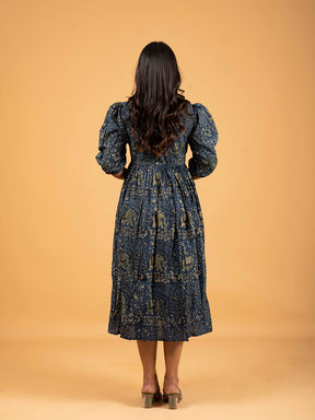 Dark Blue Printed Flared Cotton Dress