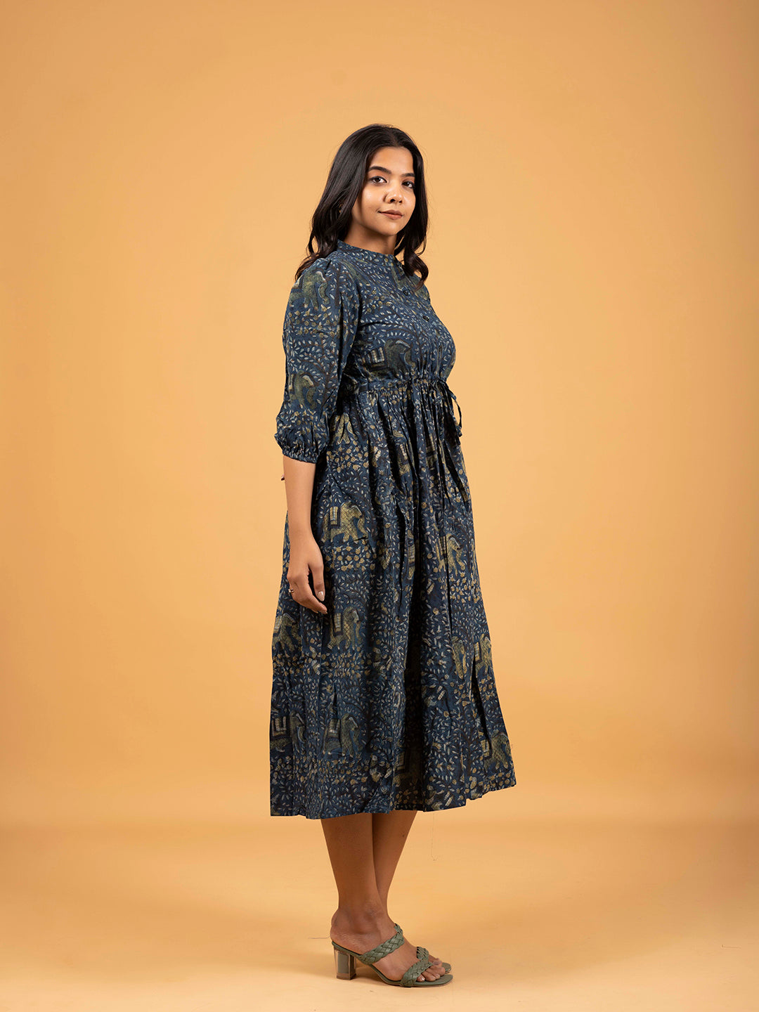 Dark Blue Printed Flared Cotton Dress