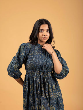 Dark Blue Printed Flared Cotton Dress