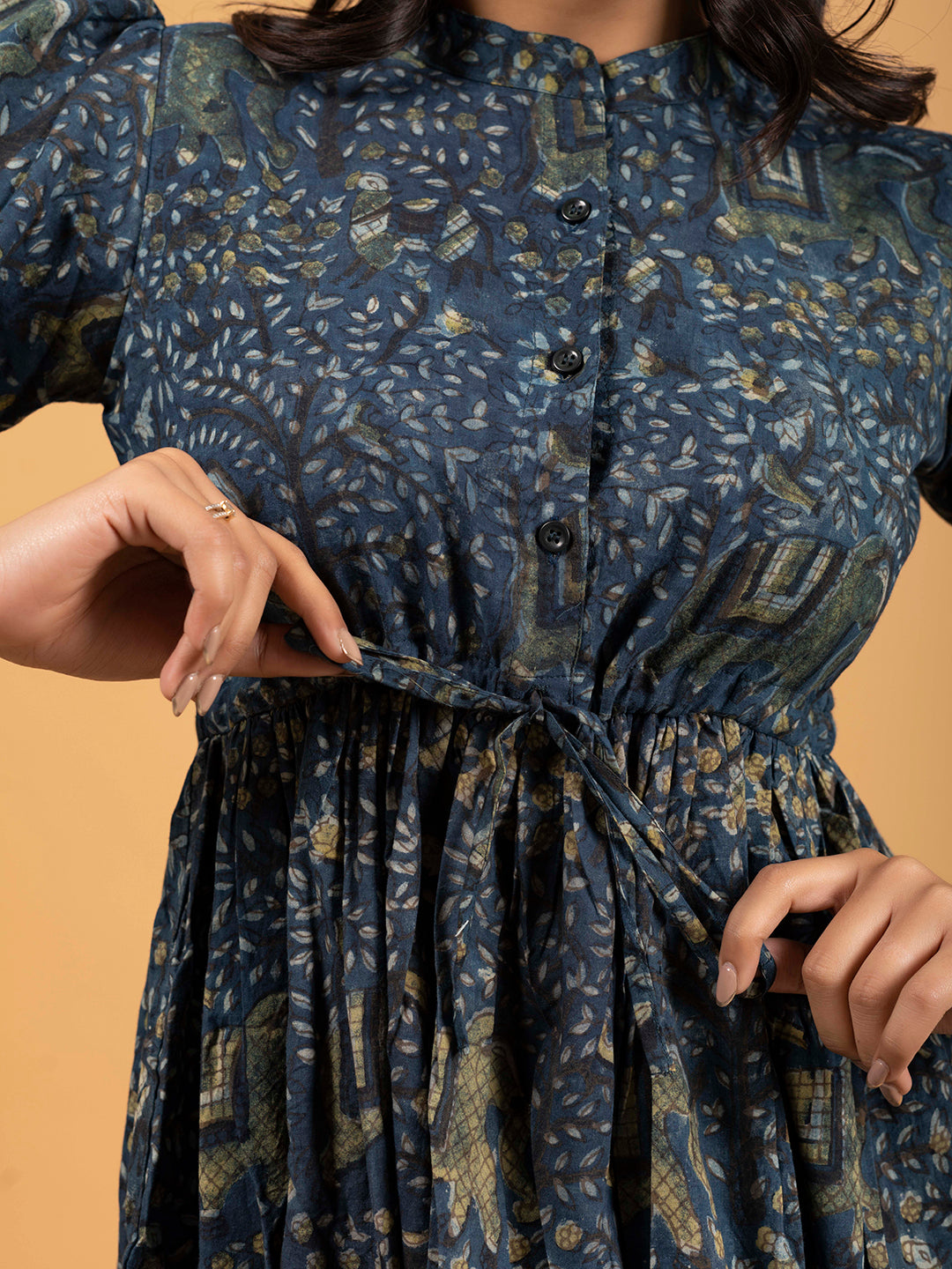 Dark Blue Printed Flared Cotton Dress