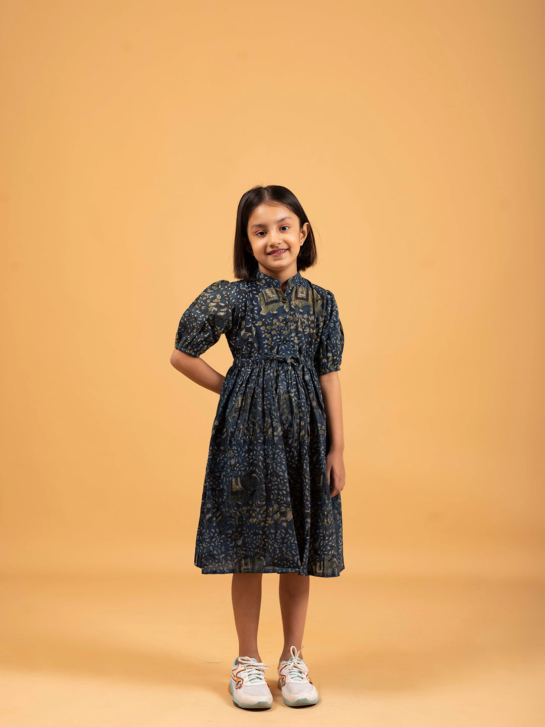 Kids Dark Blue Printed Flared Cotton Dress