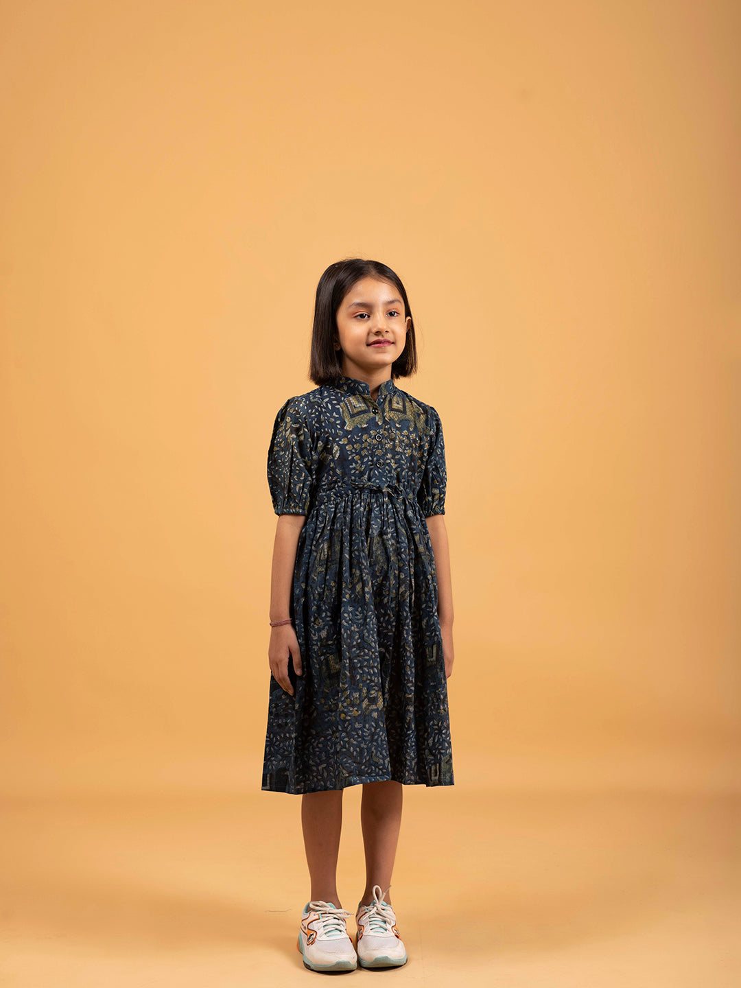 Kids Dark Blue Printed Flared Cotton Dress