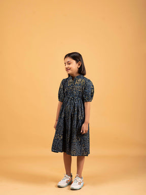 Kids Dark Blue Printed Flared Cotton Dress