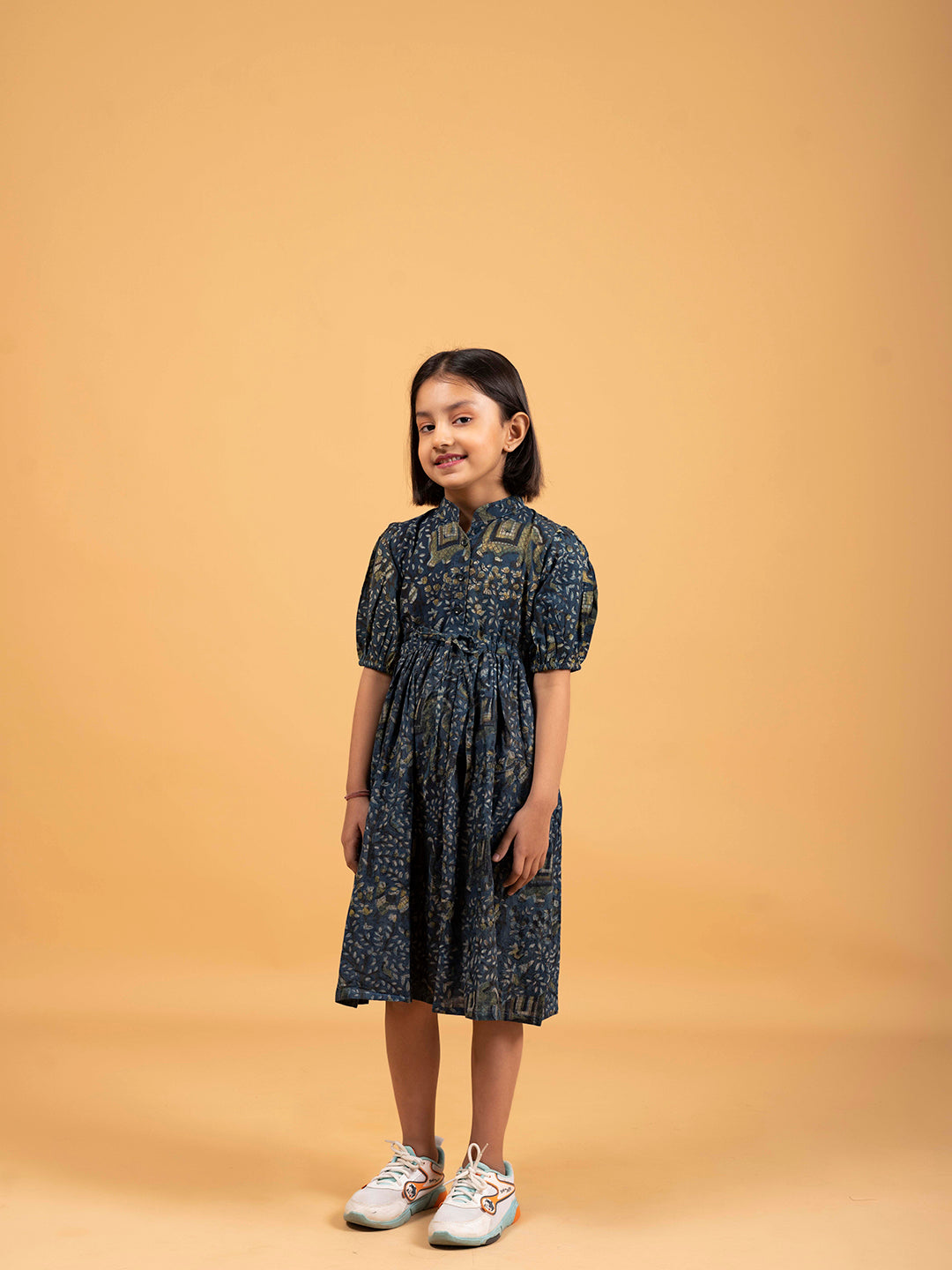 Kids Dark Blue Printed Flared Cotton Dress