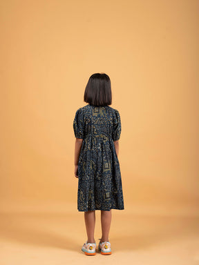 Kids Dark Blue Printed Flared Cotton Dress