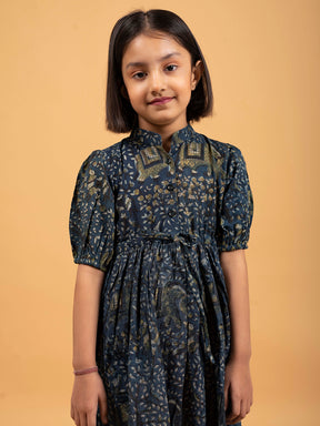 Kids Dark Blue Printed Flared Cotton Dress