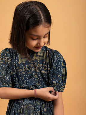 Kids Dark Blue Printed Flared Cotton Dress