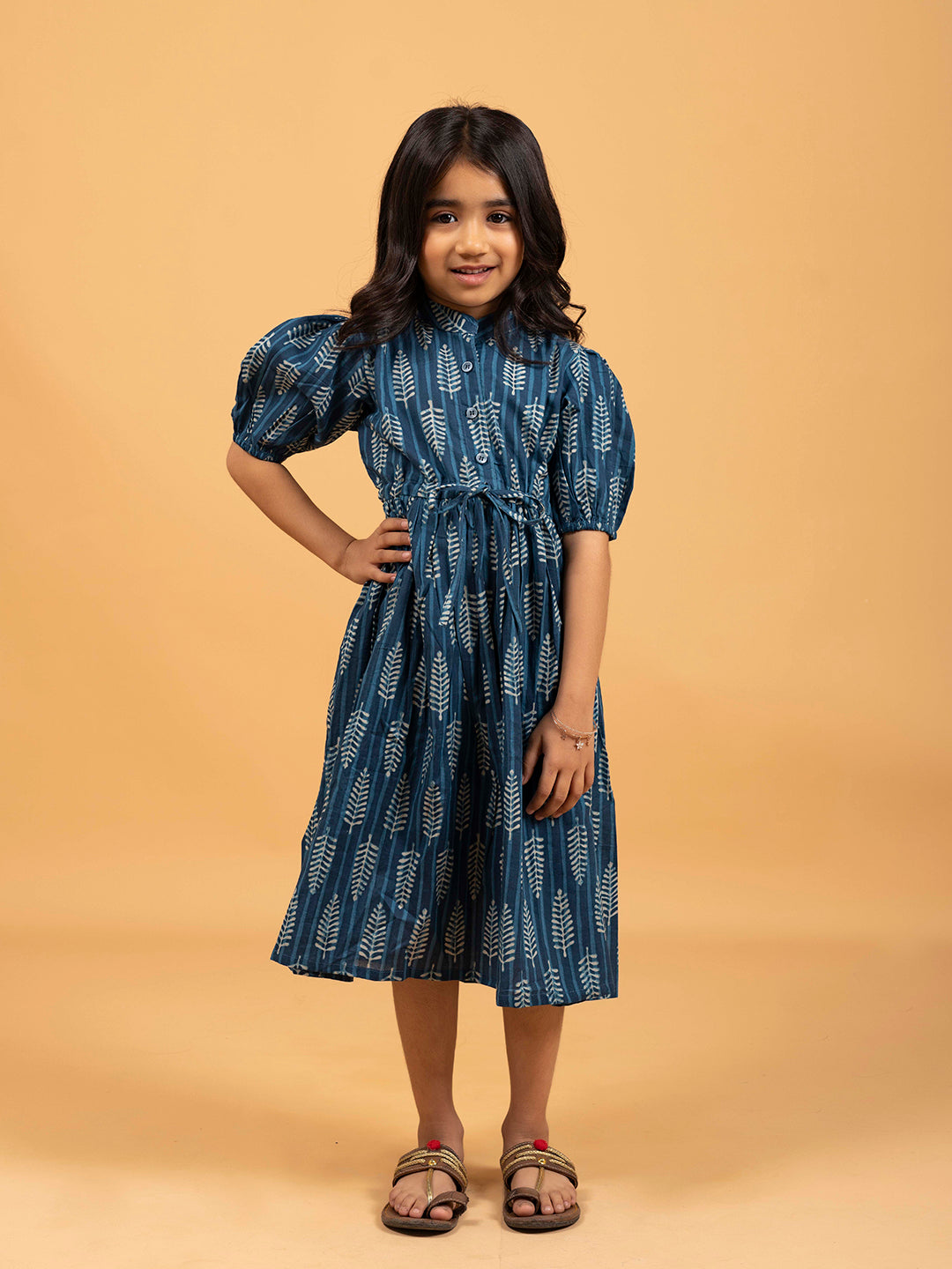 Kids Blue Printed Flared Cotton Dress