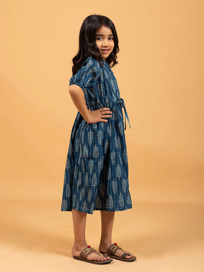 Kids Blue Printed Flared Cotton Dress