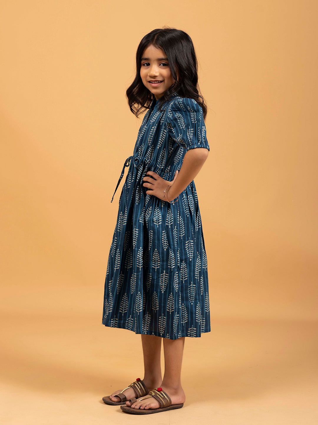 Kids Blue Printed Flared Cotton Dress