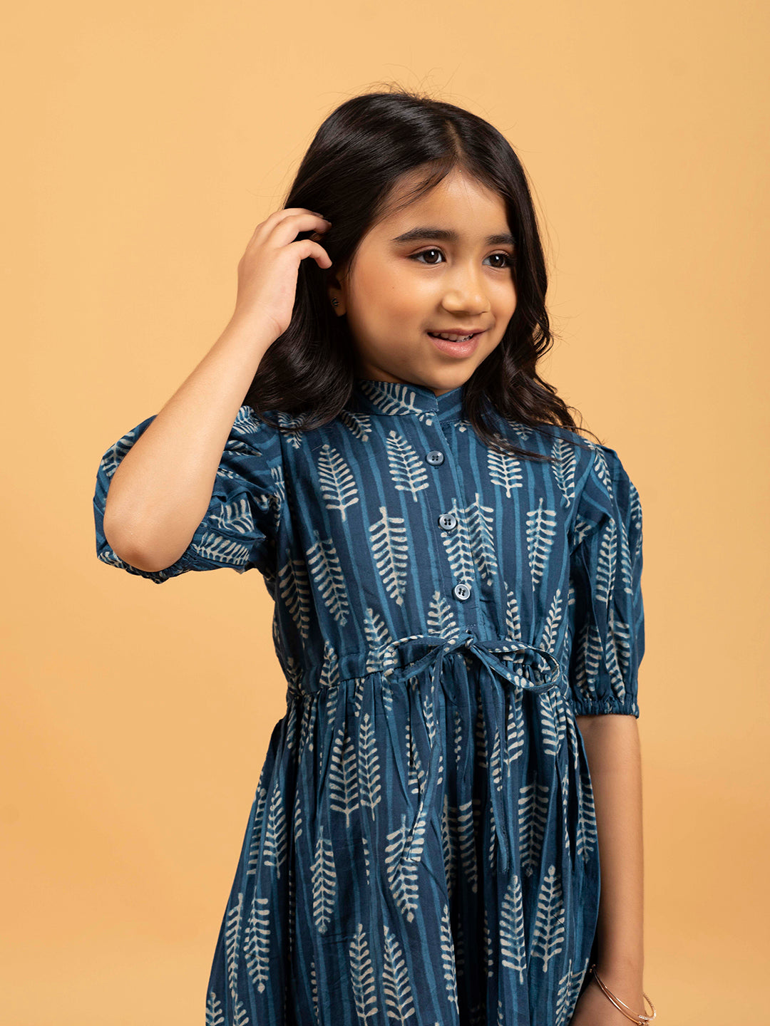 Kids Blue Printed Flared Cotton Dress