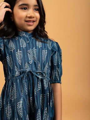 Kids Blue Printed Flared Cotton Dress