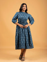 Blue Printed Flared Cotton Dress