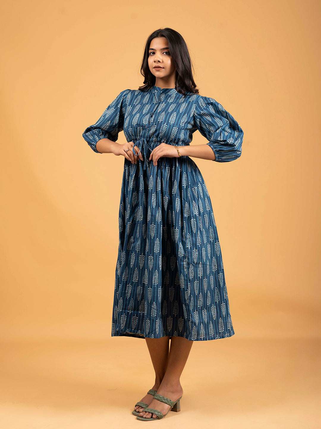 Blue Printed Flared Cotton Dress