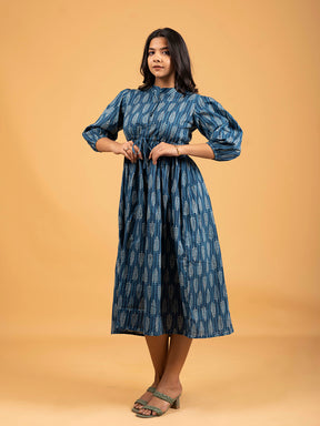 Blue Printed Flared Cotton Dress