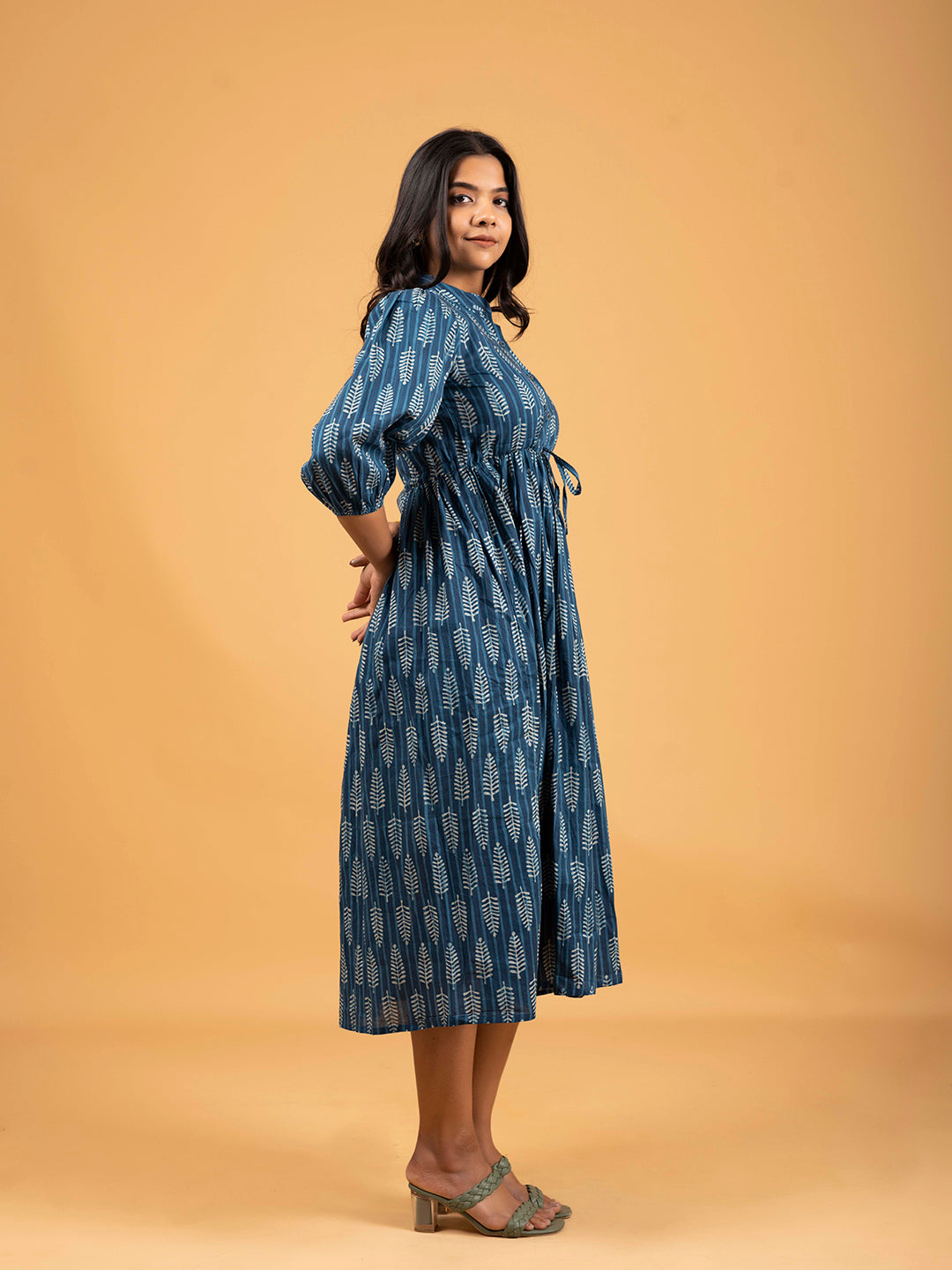 Blue Printed Flared Cotton Dress