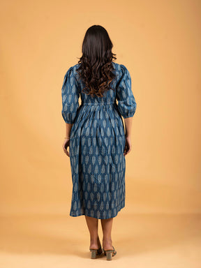 Blue Printed Flared Cotton Dress