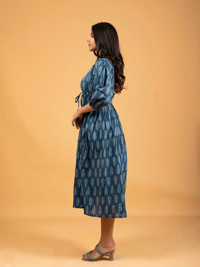 Blue Printed Flared Cotton Dress