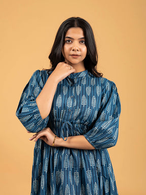 Blue Printed Flared Cotton Dress