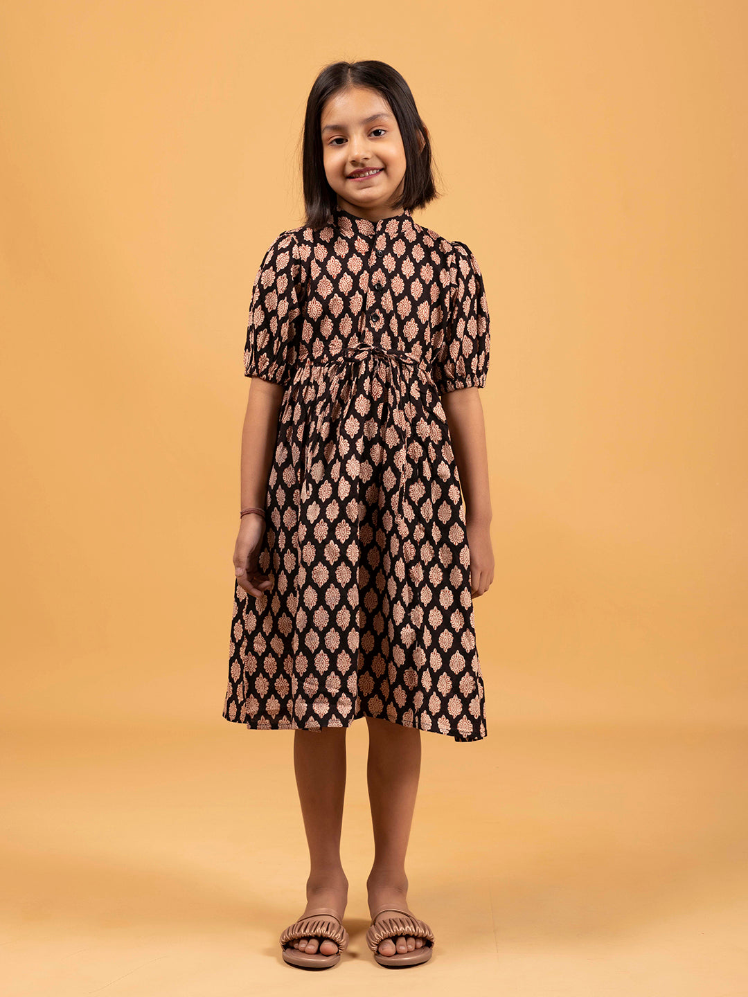 Kids Black Printed Flared Cotton Dress