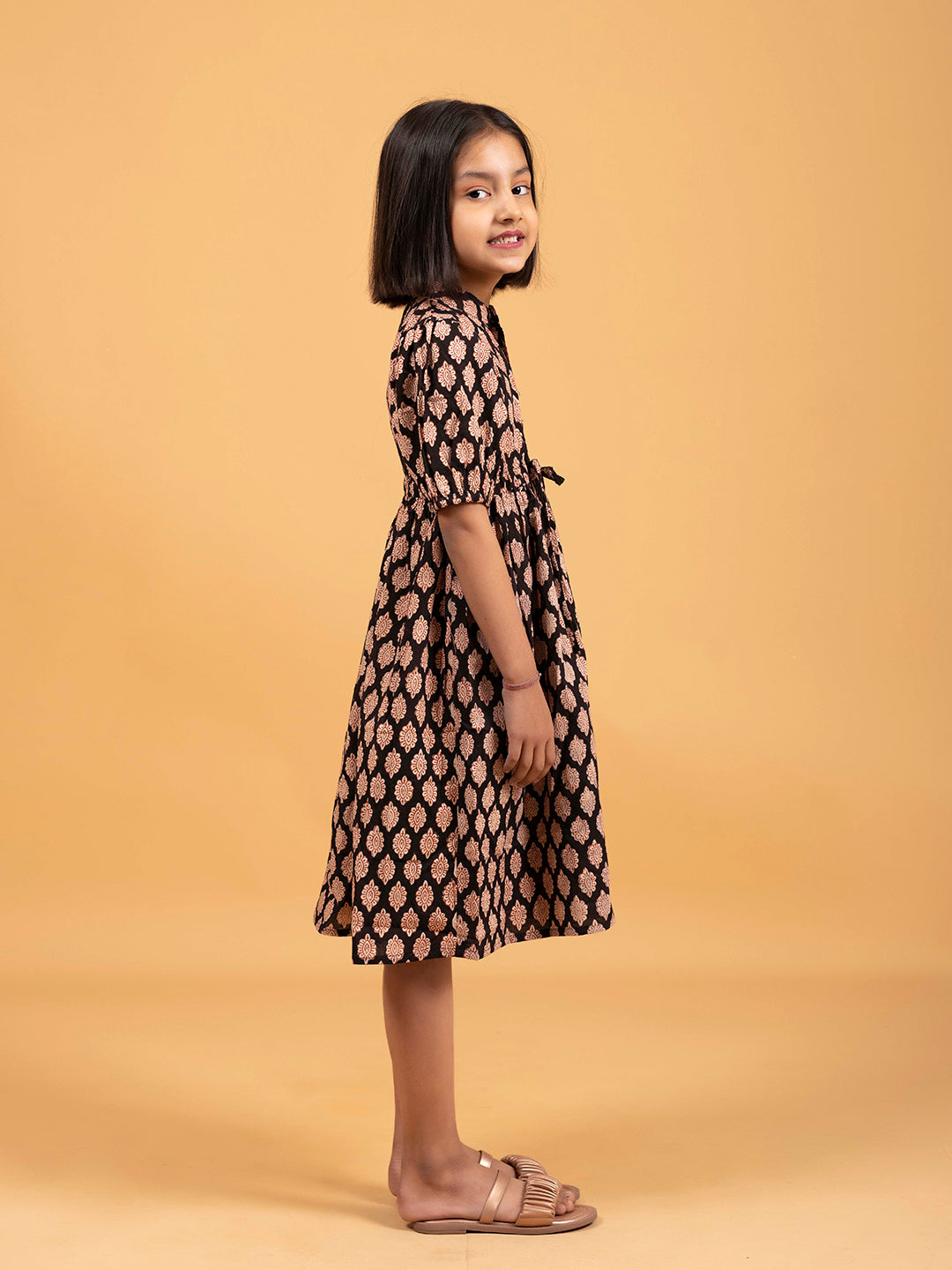 Kids Black Printed Flared Cotton Dress