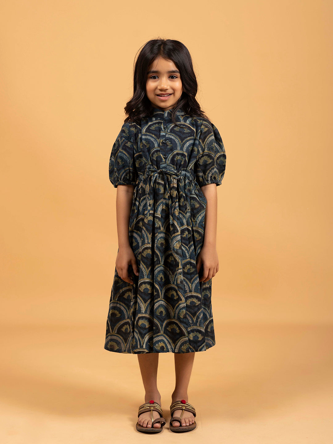 Kids Dark Blue Printed Flared Cotton Dress