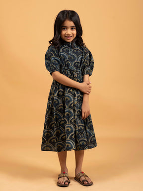 Kids Dark Blue Printed Flared Cotton Dress