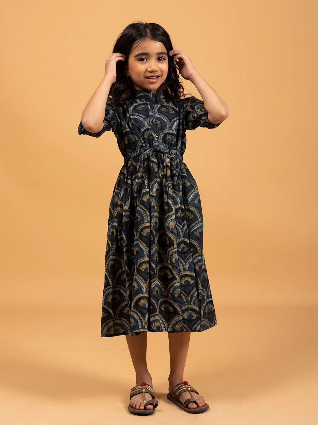 Kids Dark Blue Printed Flared Cotton Dress