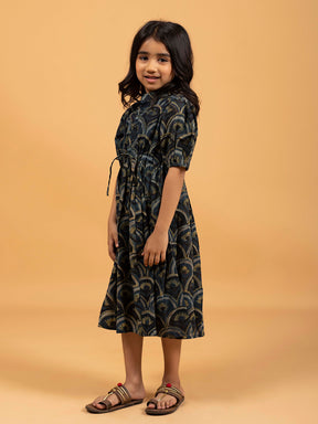 Kids Dark Blue Printed Flared Cotton Dress