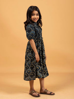 Kids Dark Blue Printed Flared Cotton Dress