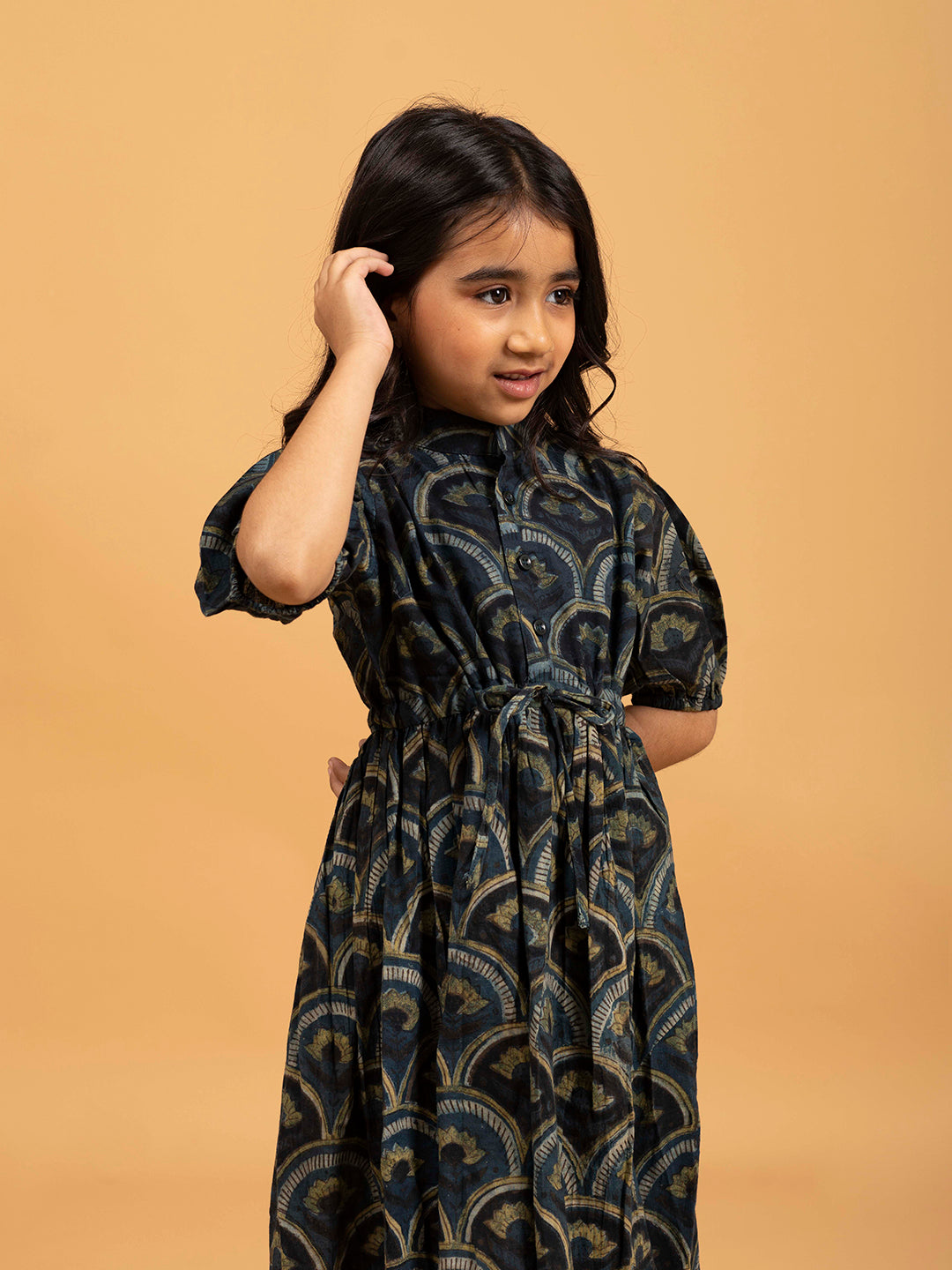 Kids Dark Blue Printed Flared Cotton Dress