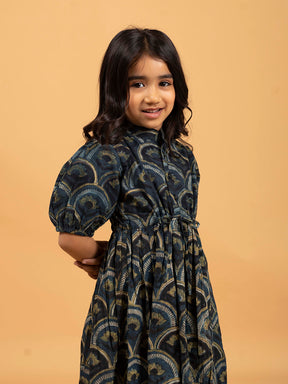 Kids Dark Blue Printed Flared Cotton Dress