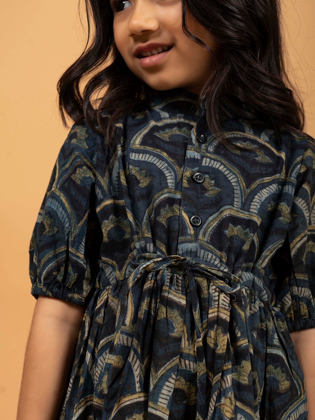 Kids Dark Blue Printed Flared Cotton Dress