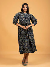 Dark Blue Printed Flared Cotton Dress