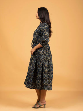 Dark Blue Printed Flared Cotton Dress