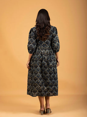 Dark Blue Printed Flared Cotton Dress