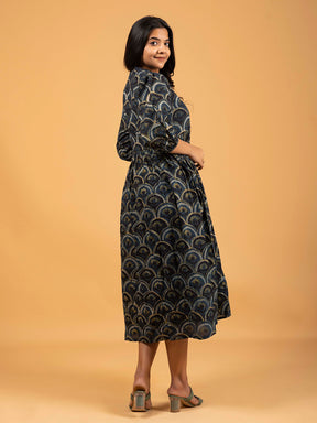 Dark Blue Printed Flared Cotton Dress