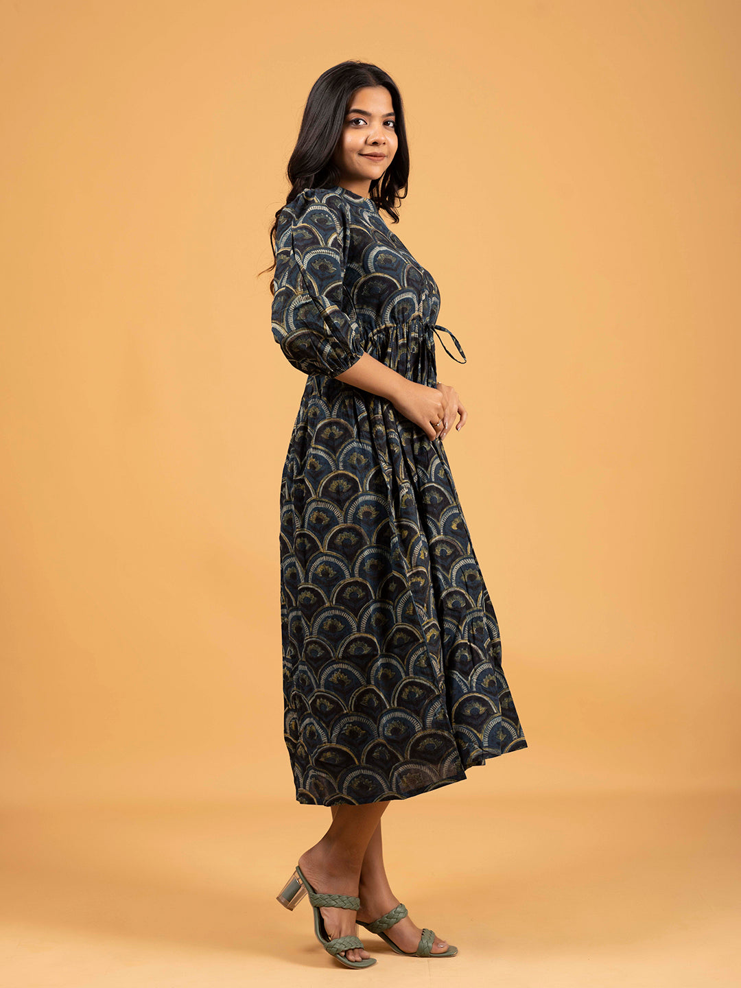 Dark Blue Printed Flared Cotton Dress